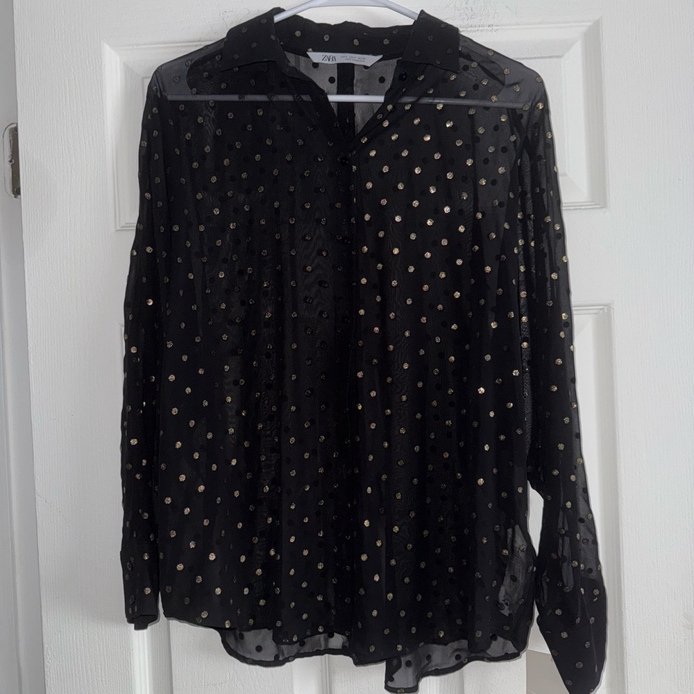 Zara Black Sheer Polka Dot Blouse
